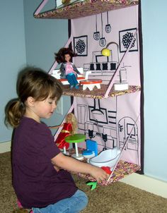 Walling hanging dollhouse Fabric Doll House, Kitchen Fabric, Barbie House, Play Room, Cardboard Crafts, Doll Houses, Doll Furniture, Diy Dollhouse, Fabric Dolls