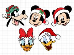 mickey and minnie mouse christmas hats with santa claus hat on top, donald the duck wearing a