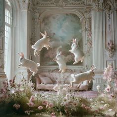 four white rabbits jumping in the air near a couch and flowery area with pink flowers