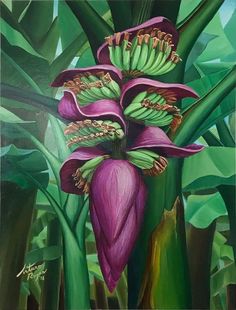 a painting of purple flowers and green leaves