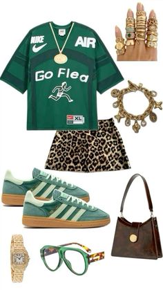 Green jersey, cheetah mini skirt, green sneakers, brown bah, glasses, gold jewelry, Fashion, Style, Clothing, Apparel, Trends, Fashionable, Designer, Couture, Runway, Outfit, Wardrobe, Fashionista, Accessories, Fashion industry, High fashion, Street style, Fashion week, Fashion design, Fashion blogger, Fashion magazine, Aesthetic fashion, Pinterest outfits, Style inspiration, Trendy aesthetics, fashion inspo, outfit inspo Cute Houston Outfits, 85 South Show Outfit, Vacay Fits Aesthetic, Trendy Outfits 2024 Summer, Cheetah Print Outfits Black Women, Leopard Print Outfits Aesthetic, Las Vegas Aesthetic Outfit, Women Vintage Outfits, Fair Date Outfit