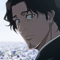 an anime character with black hair and blue eyes looking at the camera while standing in front of a cityscape