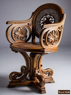 an ornate wooden chair with intricate carvings on the armrests and back rests against a gray background