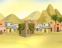 a desert town with palm trees and mountains in the background