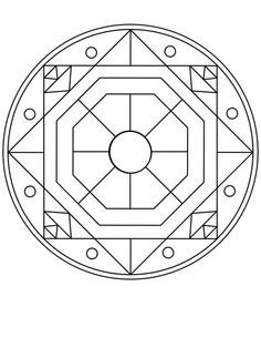 a black and white drawing of a circular object with geometric designs on the top, surrounded by dots