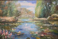 a painting of water lilies and a bridge