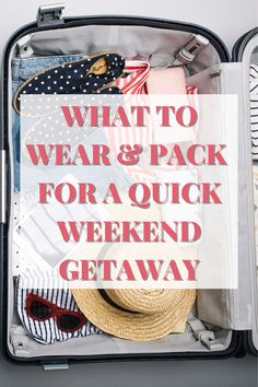 an open suitcase with clothes and hats inside, text reads what to wear & pack for a quick weekend getaway