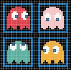 four pixellated squares with different faces on them