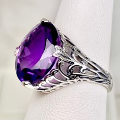 Genuine Amethyst Ring | 925 Sterling Silver 6.1ct Marquise Cut Natural Purple Amethyst Art Deco Filigree [Made To Order] Design#53 Round Amethyst Ring With Diamond Cut, Amethyst Art, North South