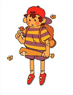 a drawing of a boy with a backpack and butterfly in his hand, holding a flower