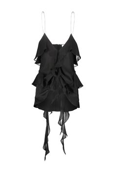 Khaite Piet top in black silk with ruffles that cascade below the hem, back closure with coated buttons. 2320338W338 Black Sleeveless Top, Top Clothing, Sleeveless Tops, Black Silk, Luxury Retail, Luxury Boutique, Ruffles, Fur Coat, Top Outfits