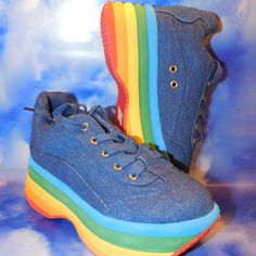 New Without The Box Are A Pair Of Overstock Outlet (Has Black Line Going Thru Label Name On Inside Sole) Authentic Jeffrey Campbell Blue Denim Rainbow Sneakers - Platform Sneakers With Blue Denim Shoe - Size 8; Measures 10" From Toe To Heel On The Inside - Arent These The Coolest Ever. I Absolutely Love Mine Label Name, Rainbow Sneakers, Sneakers Platform, Black Line, Denim Shoes, Jeffrey Campbell Shoes, Platform Sneaker, Platform Sneakers, Jeffrey Campbell