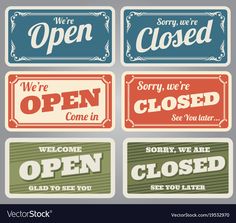 set of vintage open and closed signs in different colors, with the words sorry we're closed