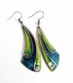 Lifespiral Cloisonne Enamel Earrings in Green and Turquoise | Etsy Watercolor Enamel Jewelry, Enamel Jewelry Earrings, Cardboard Earrings, Fern Earrings, Enameling Jewelry, Garden Earrings, Cloisonne Enamel Jewelry, Spiral Jewelry, Wood Shavings