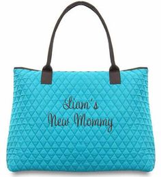 a blue purse with the words lan's new mommy on it