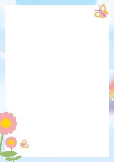 a white paper with pink flowers and butterflies on the border, in front of a rainbow - colored sky