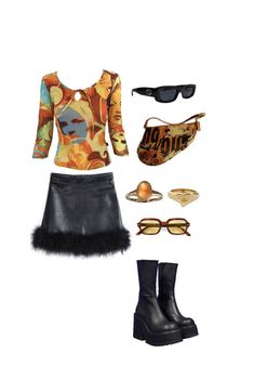 a woman's outfit with sunglasses, boots and purse