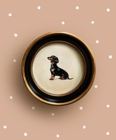 A fine art print featuring a portrait painting of a black and tan dachshund on a neutral background. Available framed or unframed. The framed option includes a round black frame with hand-painted gold accents, a sawtooth hanger for wall display, and an arm for tabletop presentation. The outer dimensions of the framed piece measure 5.6" x 5.6". * Fine-art giclée ink * Museum-quality 100% cotton rag * Naturally acid and lignin-free * Printed in the USA * Unframed art prints come with a 1/2" white Vintage Wall Art Collage, Dachshund Portrait, Dachshund Painting, Dachshund Wall Art, Half Bath Ideas, Tan Dachshund, Home Office Nursery, Welcome To My Crib, Dachshund Breed