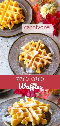 two plates with waffles on them and the words zero carb waffles