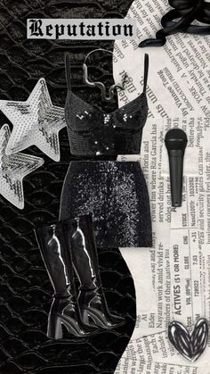 a collage of black and white items including boots, bras, hair clips