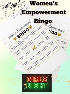 a woman's improvement bingo game with the words girls night written in gold on it