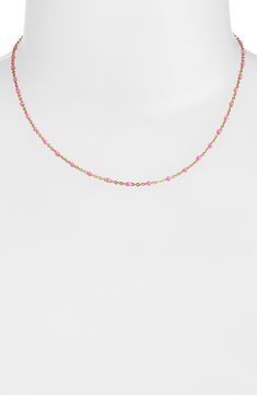 Delicate bead stations complement the polished links on this handmade chain necklace made from 14-karat-gold fill. 16" length 14k-gold fill/enamel Made in the USA Pink Dainty Necklace With Beaded Chain, Delicate Pink Beaded Chain Jewelry, Pink Jewelry With Adjustable Round Beads Chain, Dainty Single Strand Pink Jewelry, Delicate Pink Jewelry With Tiny Beads, Handmade Chain, Station Necklace, On Set, Gold Filled