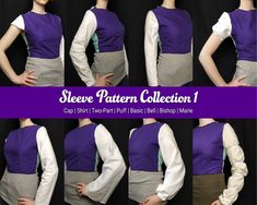 six different views of a woman's top and skirt with the sleeves folded down