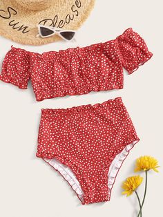 Ditsy Floral Frill Trim Bikini Set Check out this Ditsy Floral Frill Trim Bikini Set on Shein and explore more to meet your fashion needs! Swag Clothes, Ditsy Floral Top, Bardot Top, Trendy Swimwear, Summer Swim Suits, Beachwear For Women, Ditsy Floral