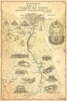 an old map shows egypt's pyramids and the great sphinx, as well as other