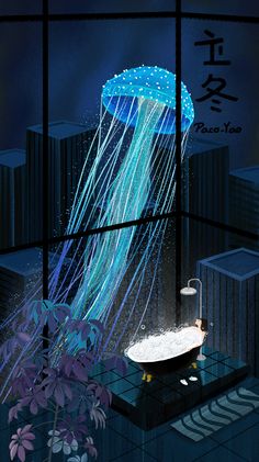 a blue jellyfish floating in the air over a bathtub next to a window