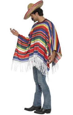 Men's Mexican Poncho Costume Hola Amigos! Laze around in this men's Mexican poncho fancy dress costume. Wear this men's Mexican costume to enjoy some tacos at your next Wild West costume party! Includes: Poncho Description: Vertically striped multicoloured knitted poncho with talle trim. The poncho has tie ups at the front. Does not include hat, pants, shirt and guns. One size fits all. Western Fancy Dress, Mexican Fancy Dress, Wild West Costumes, Indian Fancy Dress, Poncho Mexican, Poncho Men, Mens Fancy Dress, Cowboys And Indians, Fancy Dress Accessories