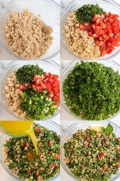 six bowls filled with different types of vegetables and seasoning being poured on top of them