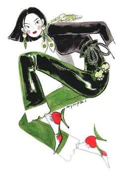 a drawing of a woman in green and black clothing with flowers on her head, holding a purse