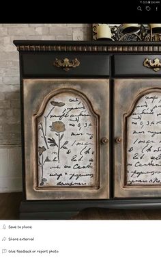 an old fashioned cabinet with writing on the front and side panels, is shown in this screenshot