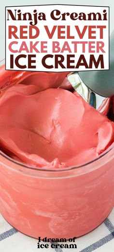 red velvet cake batter ice cream in a pink bowl with a spoon sticking out of it