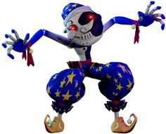 a cartoon character dressed in blue and white with stars on his feet, holding two hands