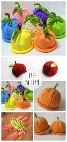 there are many knitted pumpkins and hats on this page, including one for the child's hand