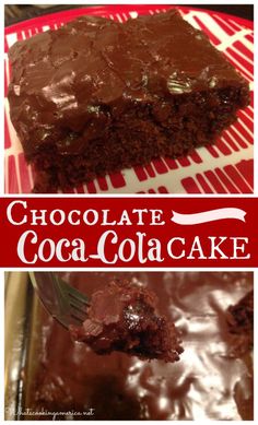 chocolate coca - cola cake on a red and white plate with a fork in it