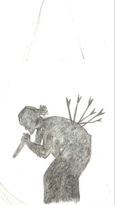 a drawing of a person holding an object in one hand and looking down at the ground