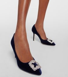 Hangisi 90 embellished velvet pumps in blue - Manolo Blahnik | Mytheresa Luxury Embellished Pointed Toe Heels, Luxury Evening Court Shoes With Flat Heel, Elegant Embellished Flat Heels, Luxury Evening Flats, Luxury Flat Heels For Evening, Manolo Blahnik Hangisi, Velvet Pumps, Blue Pumps, Manolo Blahnik