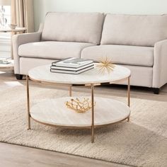 a living room with a couch, coffee table and two books on top of it