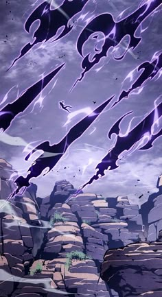 an anime scene with rocks and sky in the background