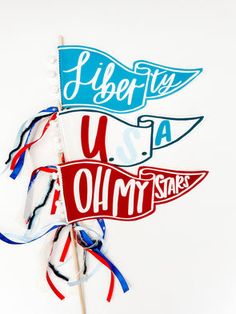 two red, white and blue flags with the words liberty usa and u s jimmy stars on them