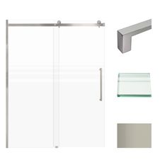 the shower door is closed and glass shelves are next to it, along with other accessories