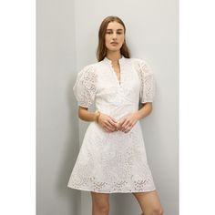 White cotton (100% Cotton body and embroidery, 100% Polyester lining). Casual dress. Short sleeves. Henley neckline. Side zipper closure. 36" from shoulder to hemline. Imported. Fitted Cotton Midi Dress With Broderie Anglaise, Casual Dress Short, Eyelet Lace Dress, Dress Short Sleeves, Perfect Picnic, Rent The Runway, Closet Designs, Eyelet Lace, Club Monaco