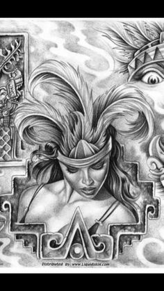 a drawing of a woman with long hair and an eye on her face, surrounded by other symbols