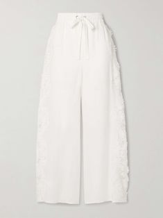 Shop ZIMMERMANN Halliday guipure lace-trimmed linen wide-leg pants, Explore the latest ZIMMERMANN women's collection today on NET A PORTER Designer Hair Accessories, Summer Style Guide, Flat Dress Shoes, Dress Flats, Wide Leg Linen Pants, Guipure Lace, Swimsuit Dress, Clothes Collection, Everyday Wardrobe