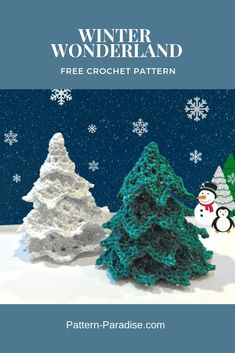 a snowman and trees made out of crochet are featured in the winter wonderland pattern