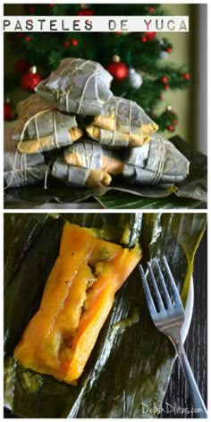 pastries of yuca on banana leaves with christmas tree in the background and text overlay that reads, pasteles of yuca