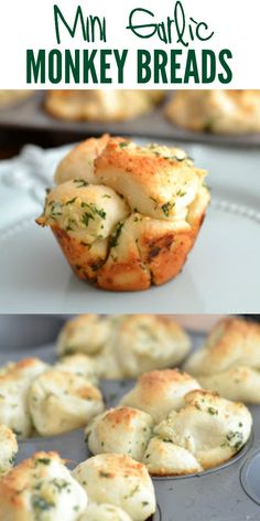 mini garlic monkey bread muffins in a muffin tin with text overlay